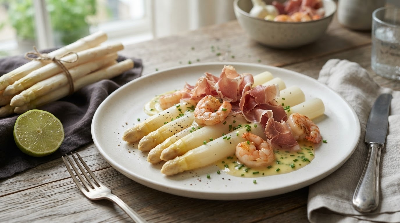 Gamba's met Hollandse Asperges en Serranoham