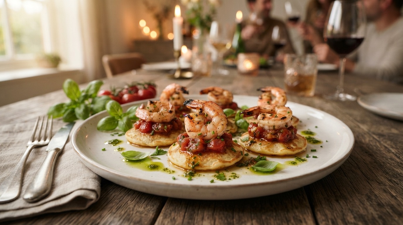 Gamba’s met Parmezaanse Poffertjes, Basilicumolie en Tomatencompote