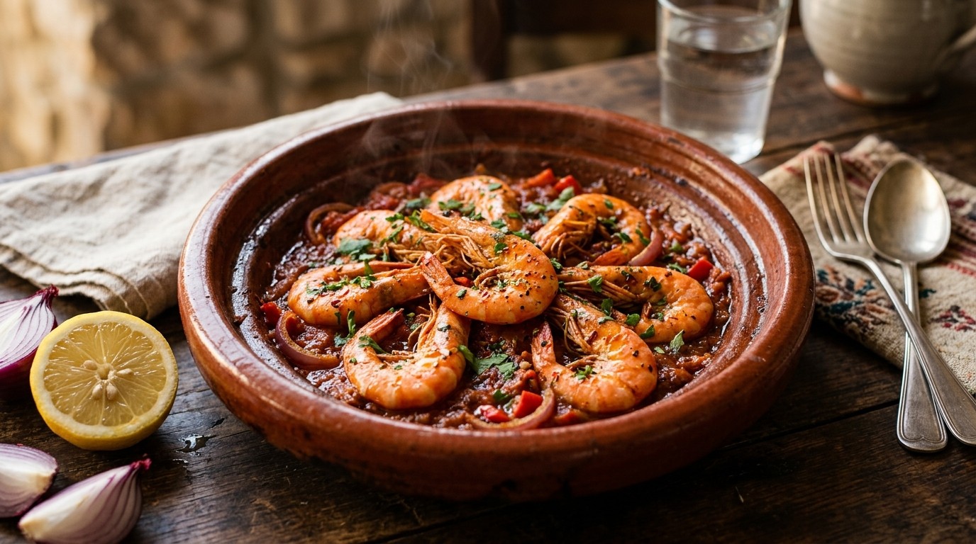 Gamba's uit Tajin (Marokkaanse Aardewerken pan)