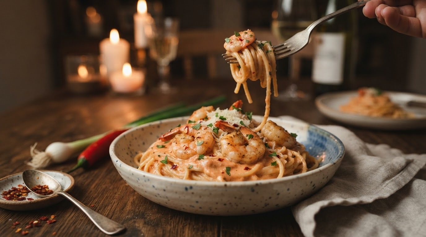 Garnalen in Kreeftenroomsaus met Pasta