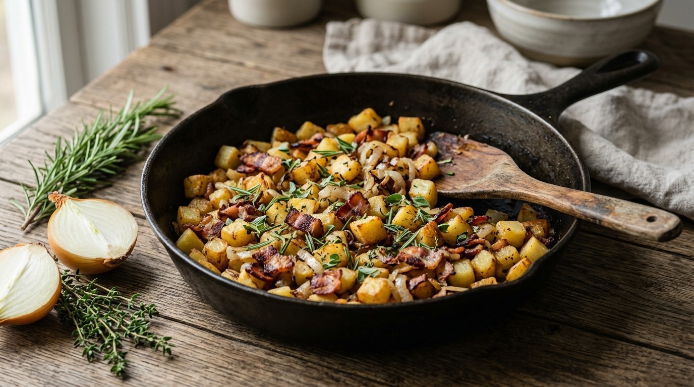 Gebakken Aardappelen met ui, Spek en Tuinkruiden