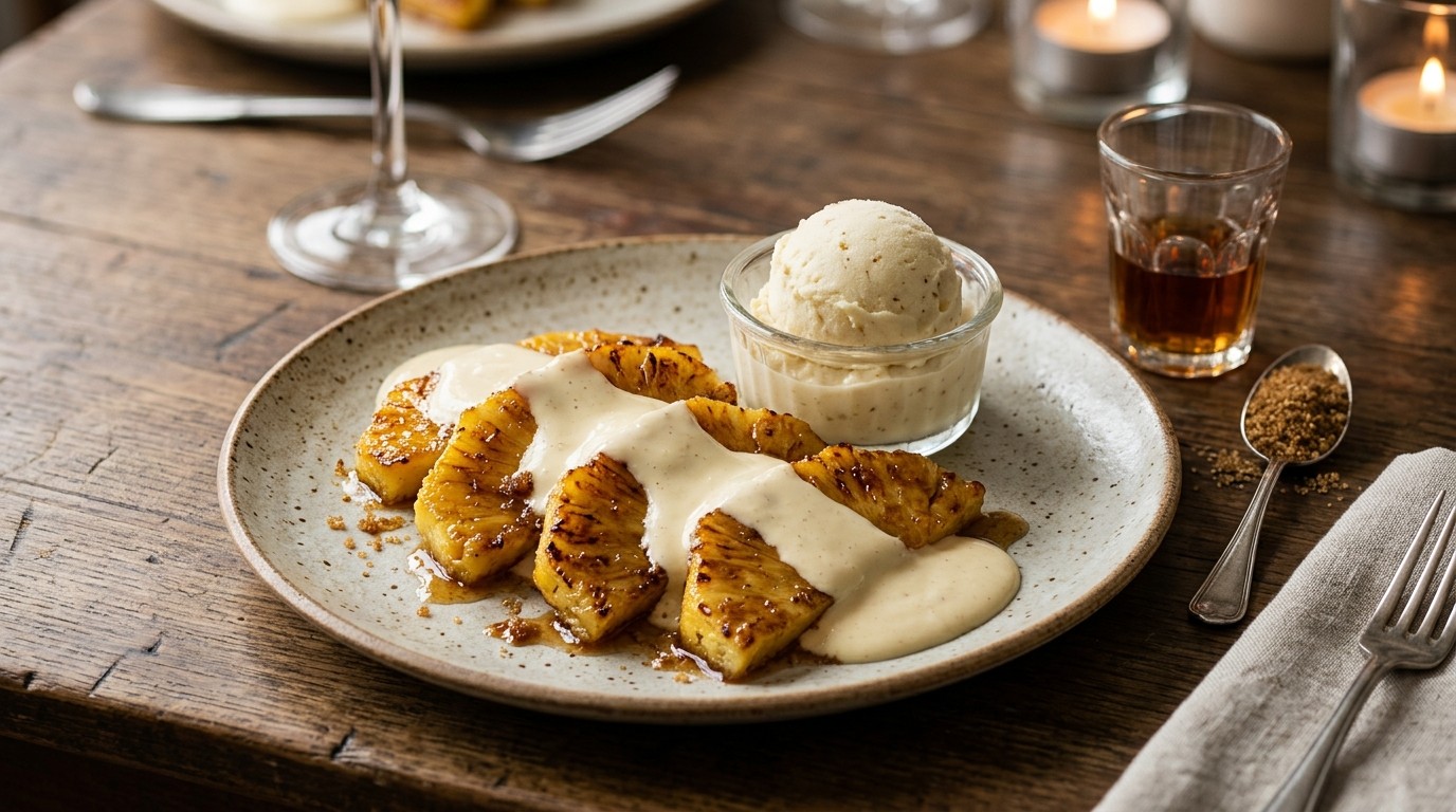 Gebakken Ananas met Ananasijs en Mascarponesaus recept Gebakken Ananas met Ananasijs en Mascarponesaus recept