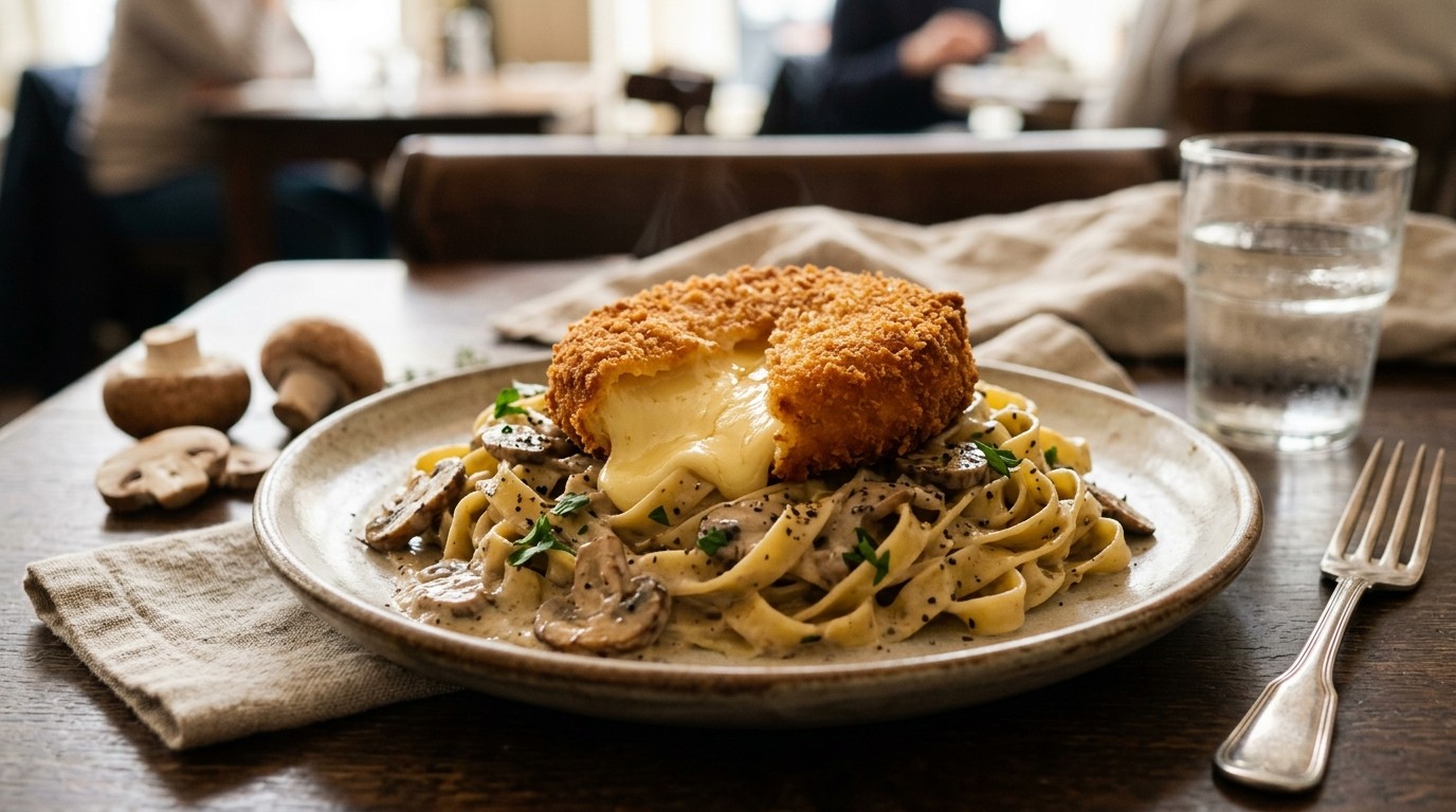 Gebakken Brie met Tagliatelle en een Champignonroomsaus