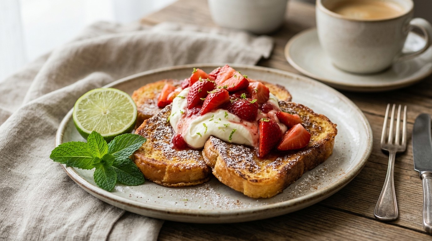 Gebakken Brood met Aardbeien en Limoenmascarpone