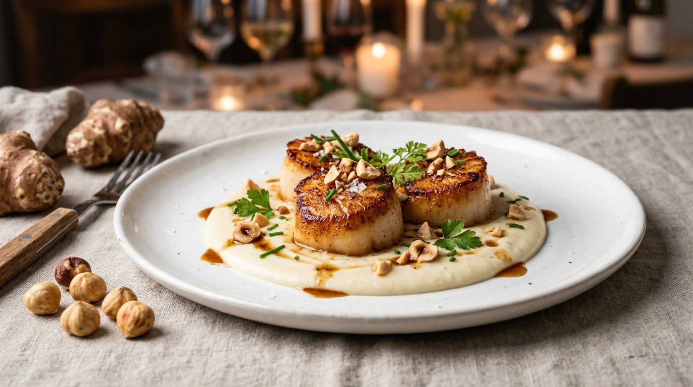 Gebakken Coquilles met Topinambour-hazelnootsaus