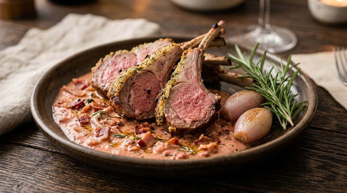 Gebakken Lamsrack met Romige Tomatensaus en Knoflook