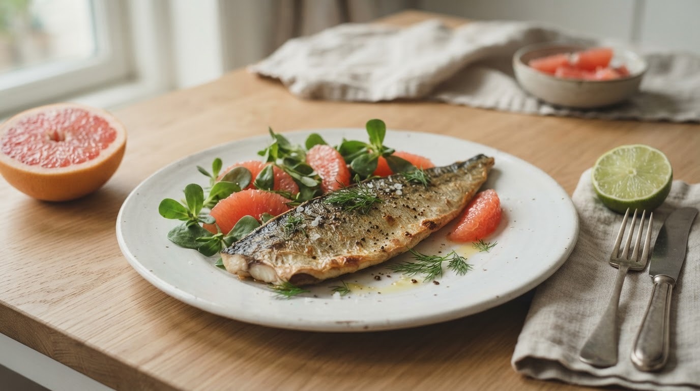 Gebakken Makreelfilet met Lamsoren en Grapefruit