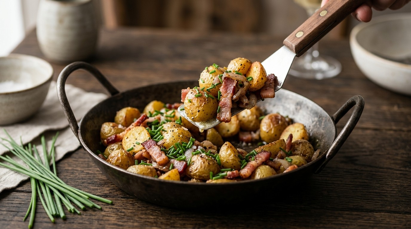 Gebakken Minikrieltjes met Bieslook en Spekjes, Voor Gourmet