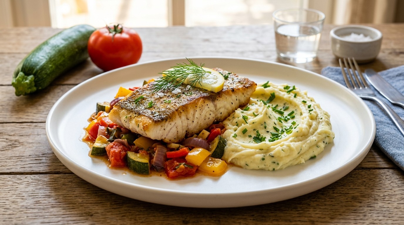 Gebakken Nijlbaars met Groente-ratatouille en Aardappelpuree