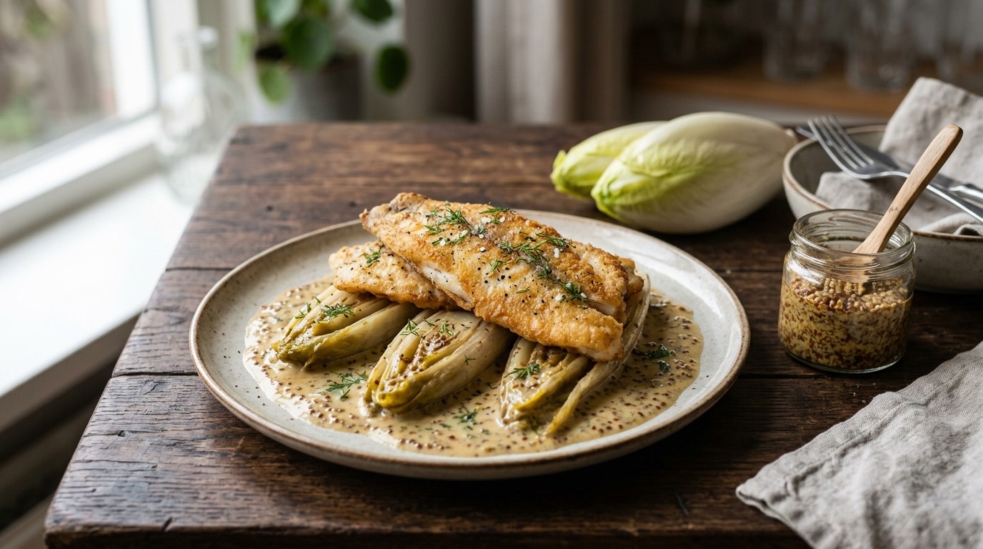 Gebakken Nijlbaarsfilets met Witlof en Mosterd