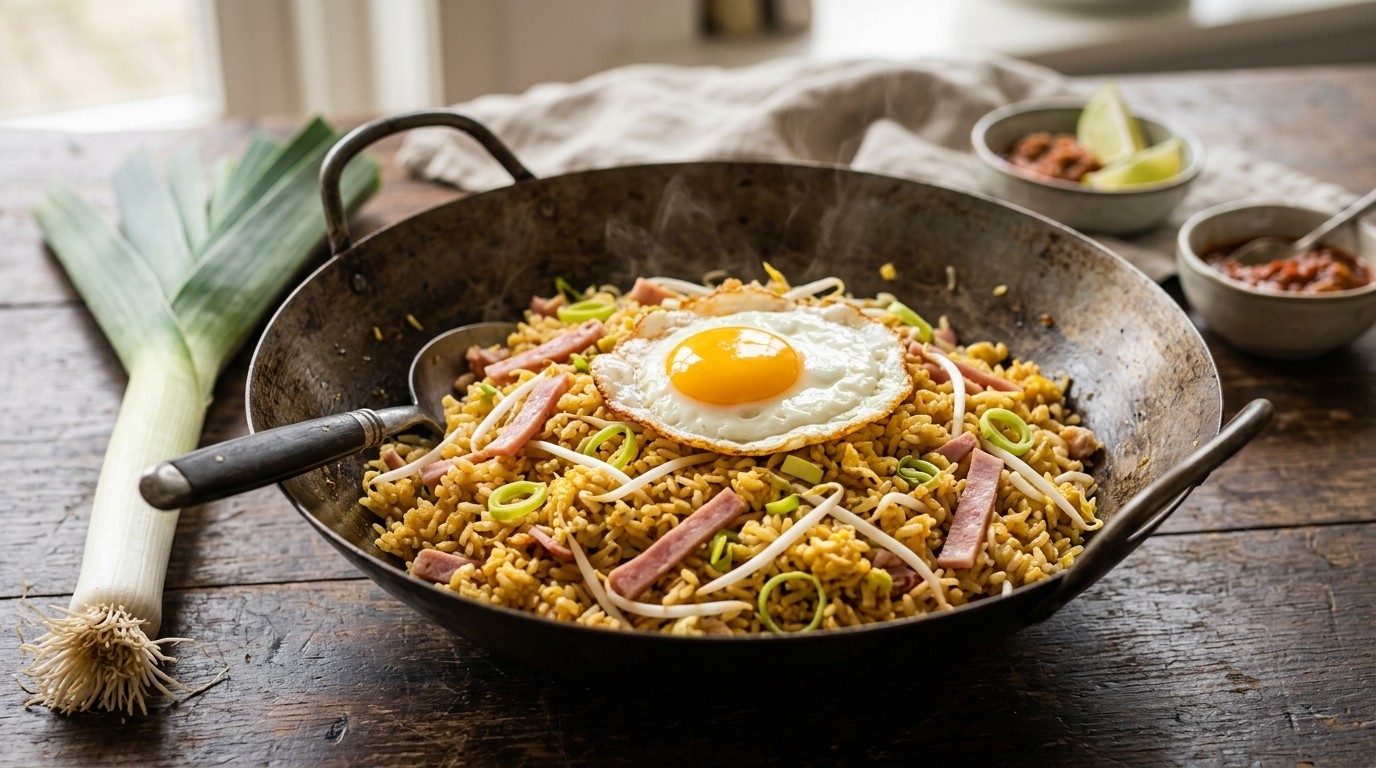 Gebakken Rijst met ham, Taugè en Prei