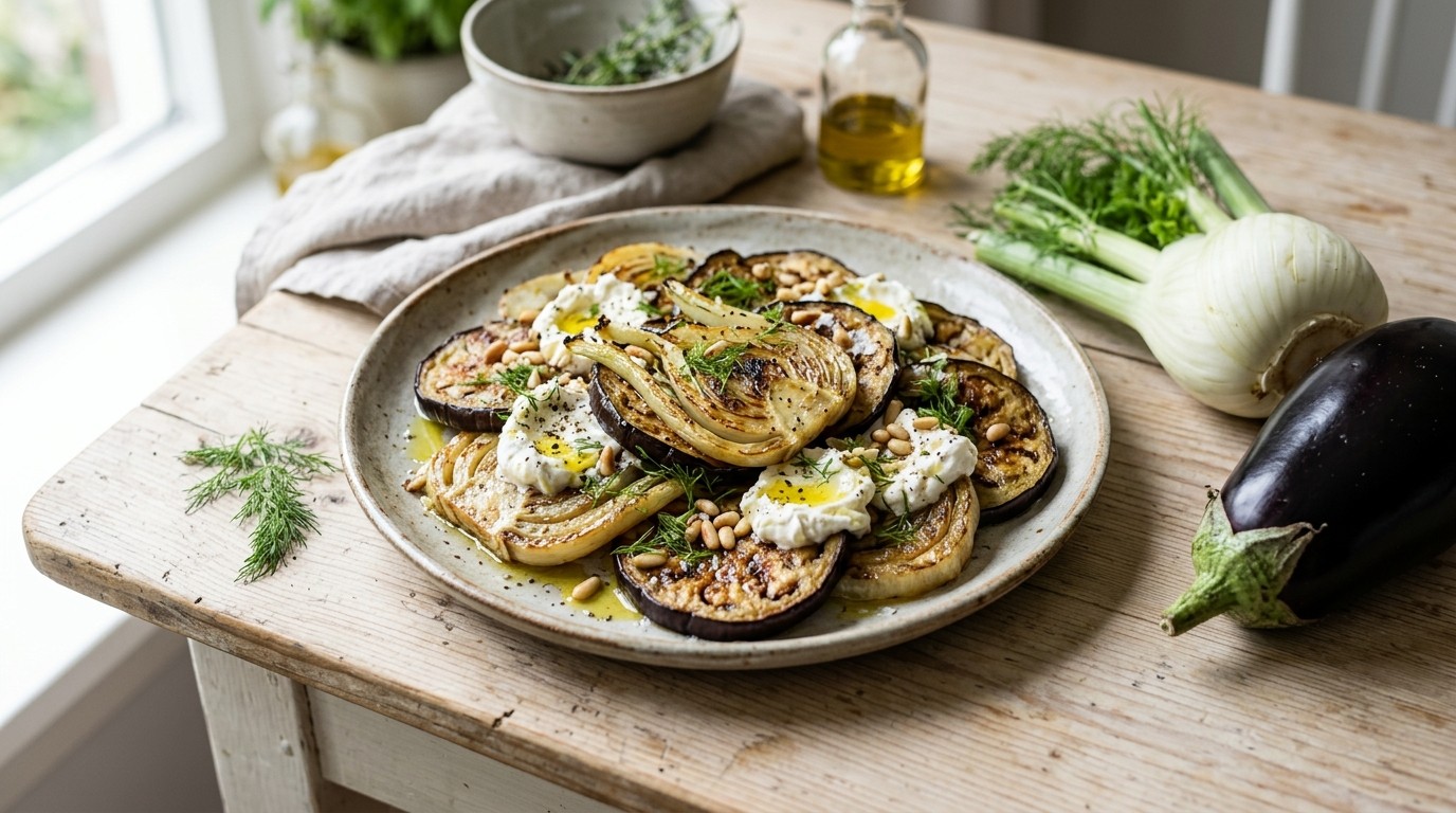 Gebakken Venkel en Aubergine met Geitenkaas