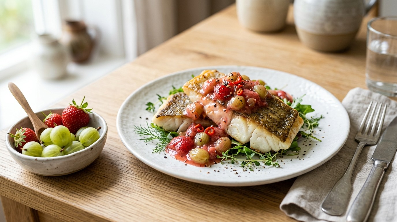 Gebakken vis met Pittige Aardbeien-kruisbessensaus recept Gebakken vis met Pittige Aardbeien-kruisbessensaus recept
