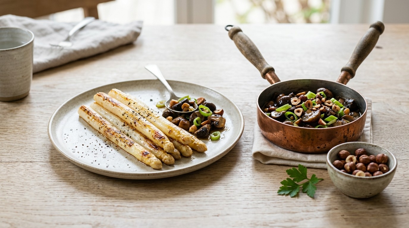 Gebakken Witte Asperges en een Stoofpotje van Champignons en Lente-ui