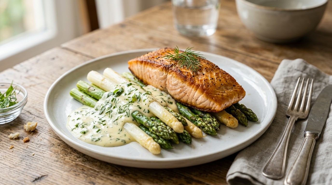 Gebakken Zalm met Asperges en een Kruidenroomsaus