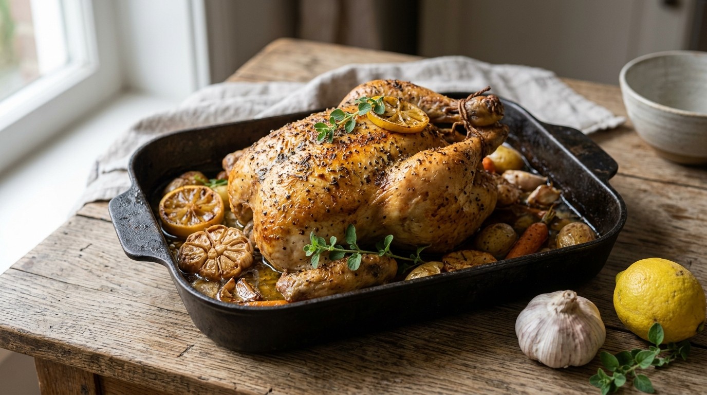 Gebraden kip met Oregano, Knoflook en Citroen