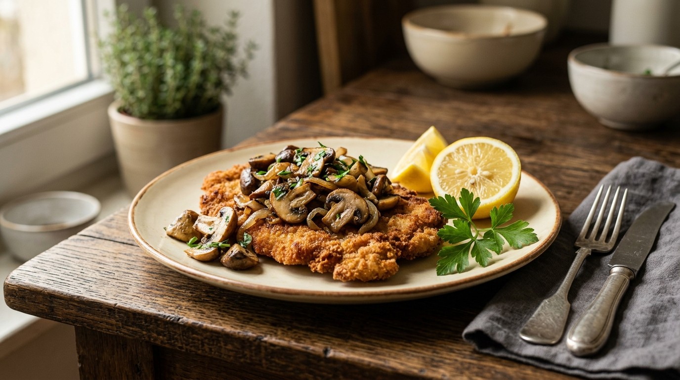 Gefrituurde Schnitzel met Champignons recept Gefrituurde Schnitzel met Champignons recept