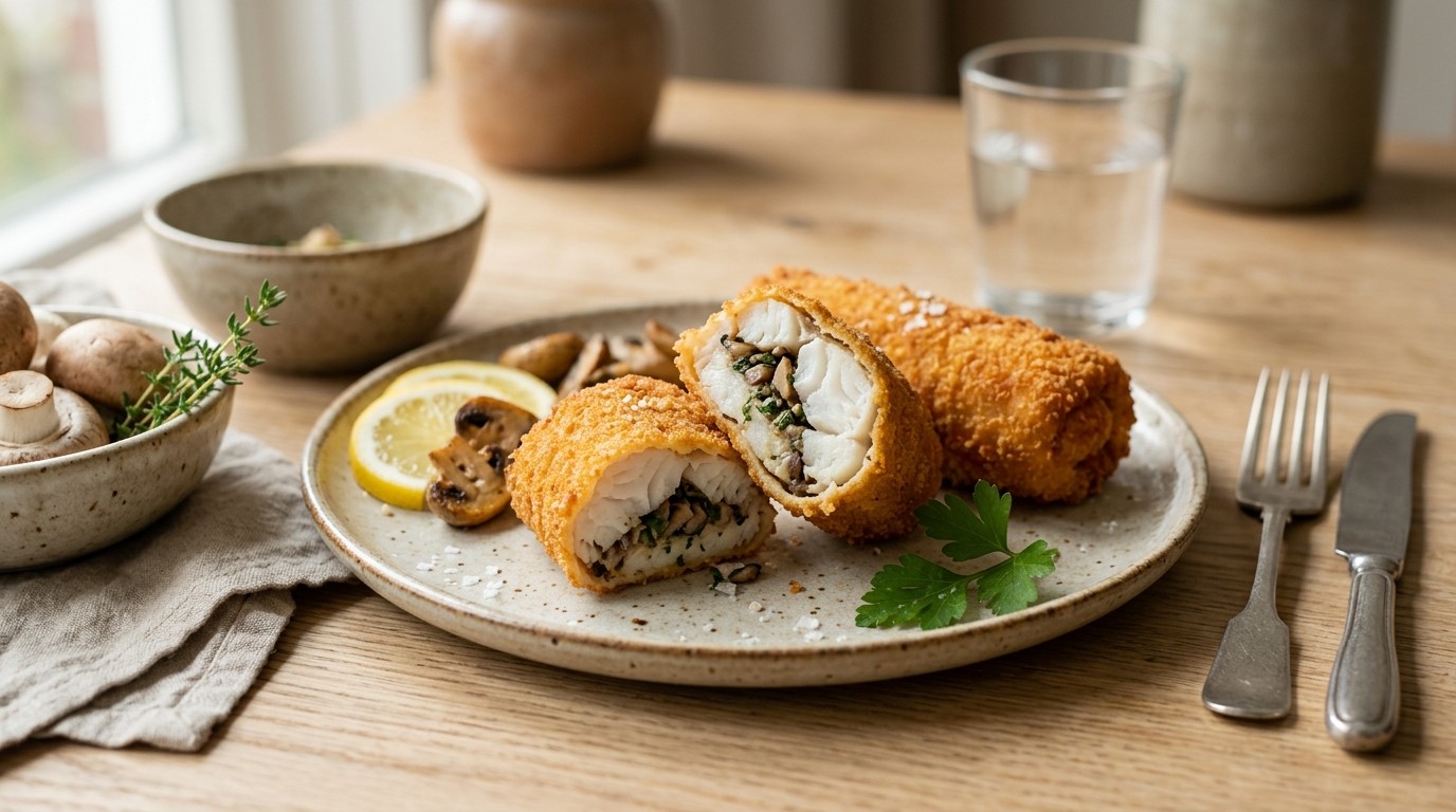 Gefrituurde Visrolletjes met Champignons