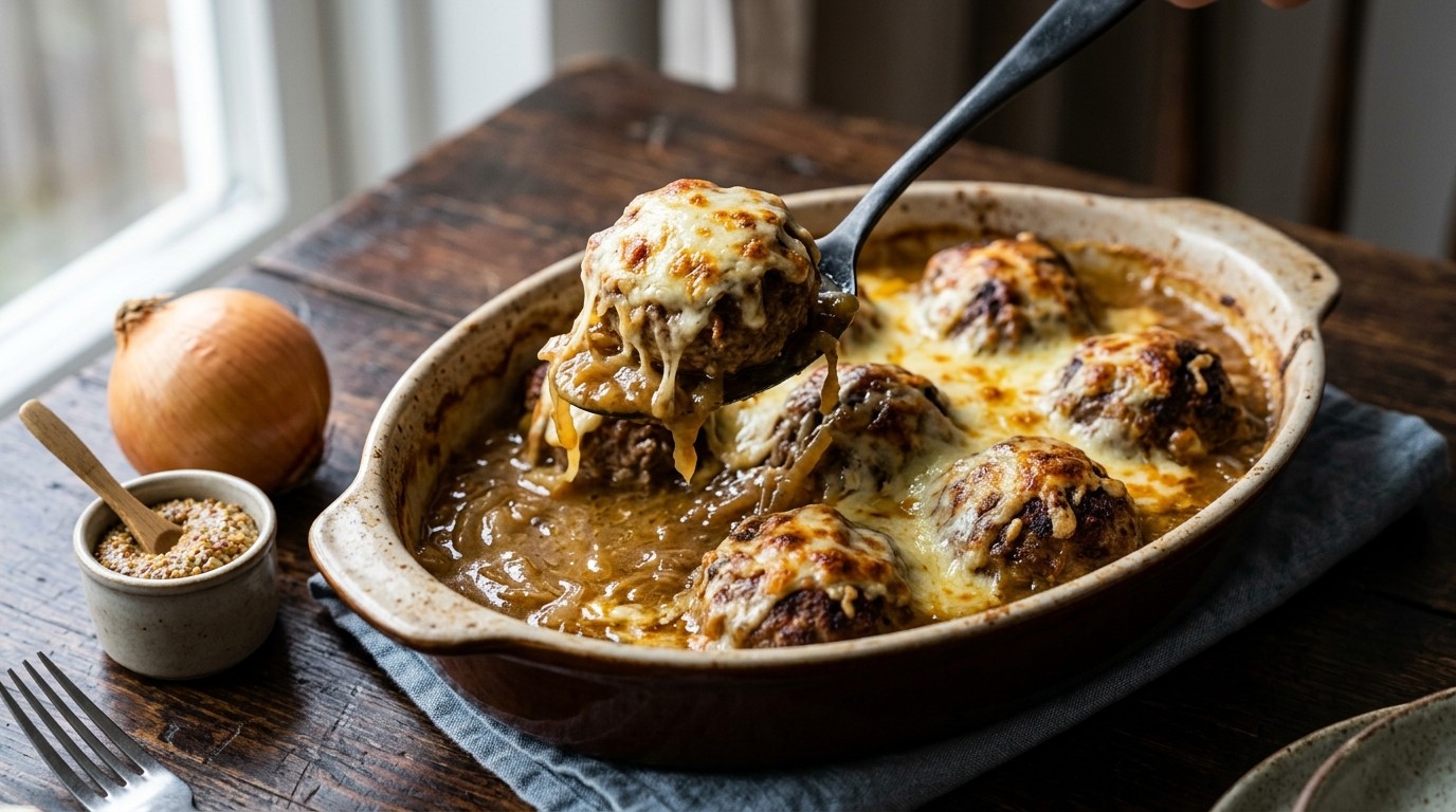 Gegratineerde Gehaktballen met Uiensaus