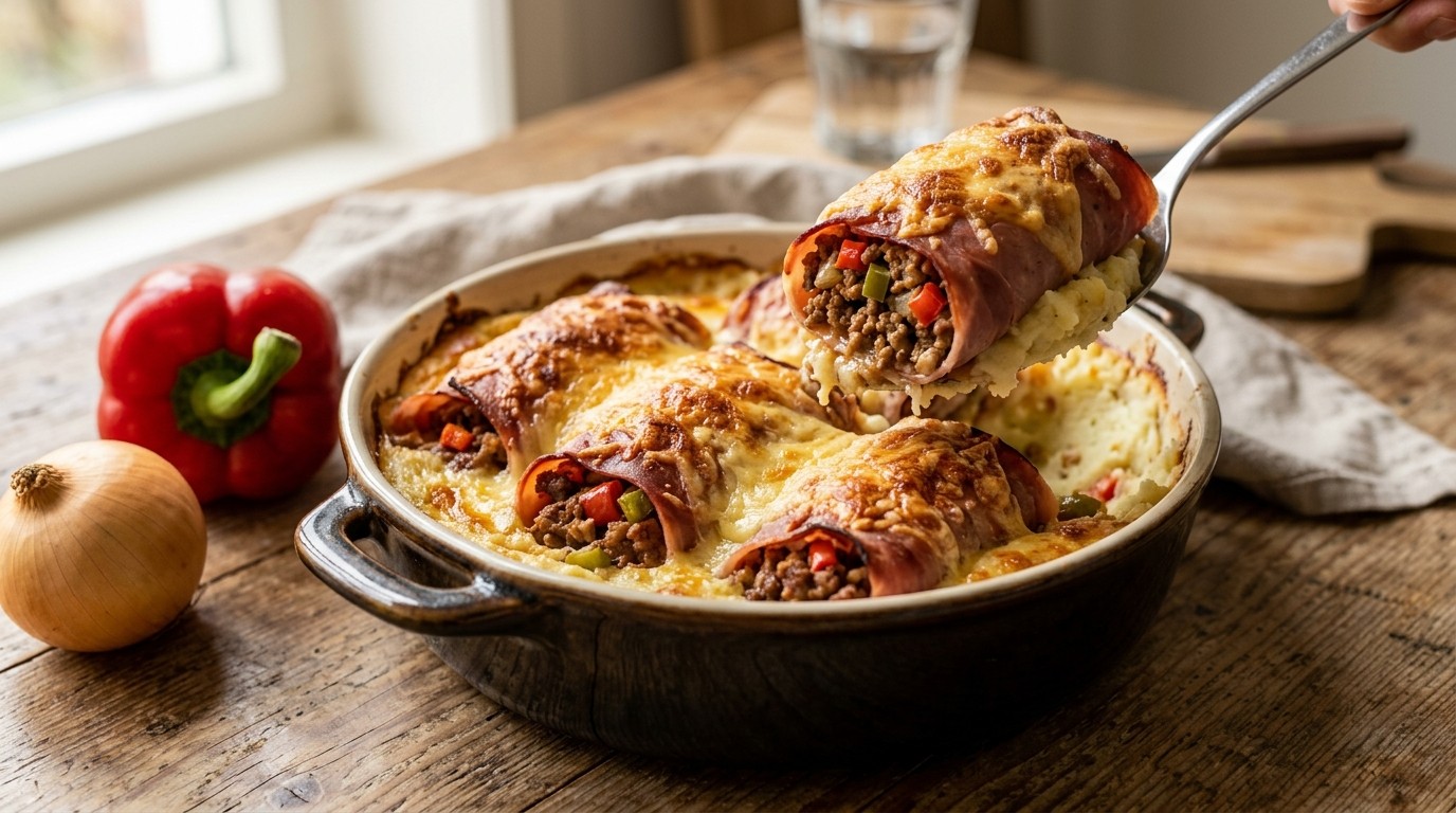 Gegratineerde Ham-gehaktrolletjes