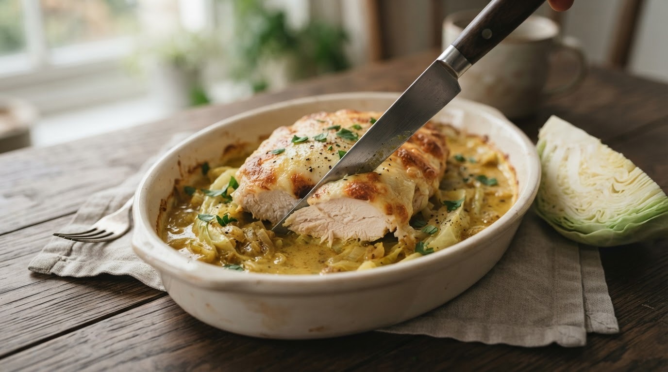 Gegratineerde Kalkoenfilet met Spitskool-kerrie-saus