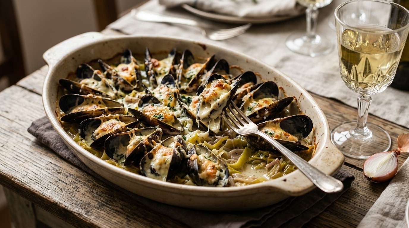 Gegratineerde Mosselen op en Bedje van Prei recept Gegratineerde Mosselen op en Bedje van Prei recept