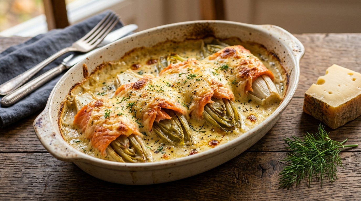 Gegratineerde Witlof met Zalm