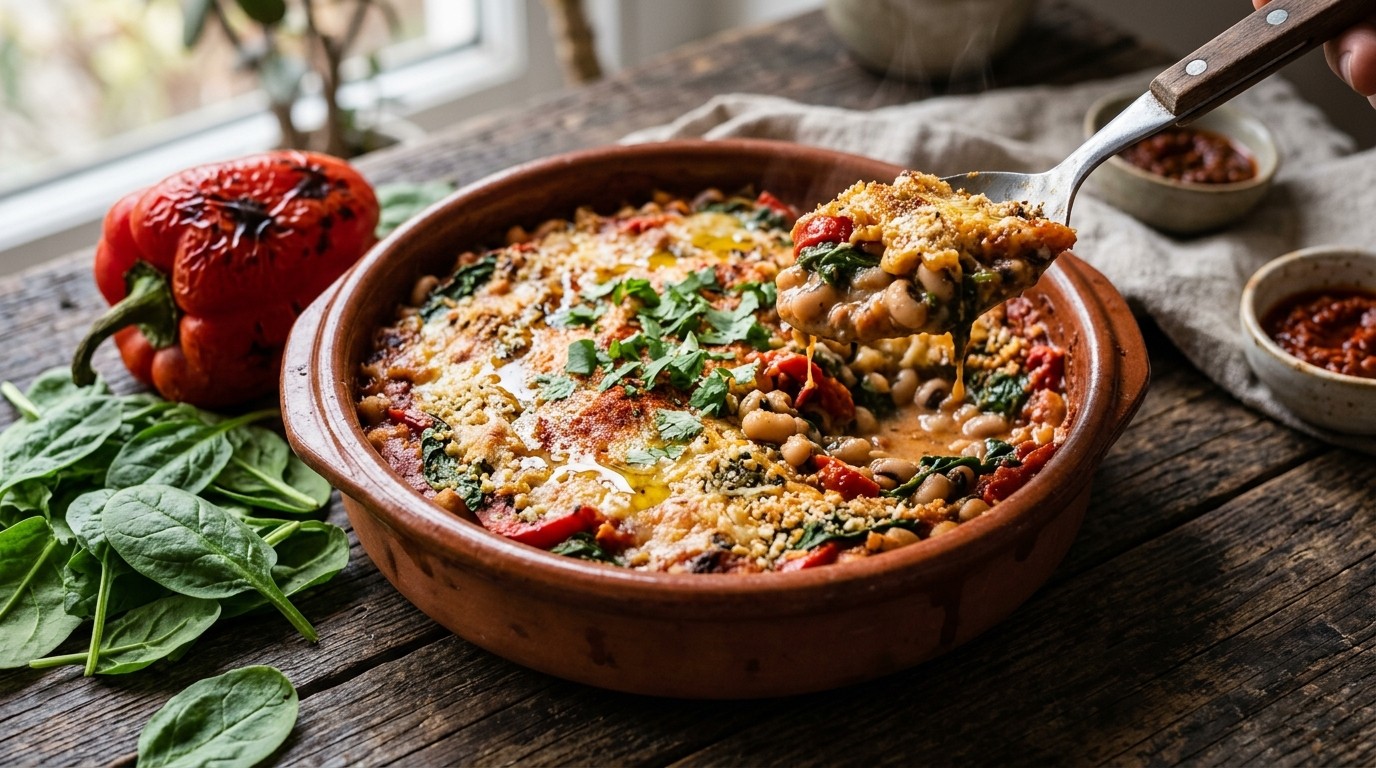 Gegratineerde Zwarte Ogenbonen met Spinazie en Paprika