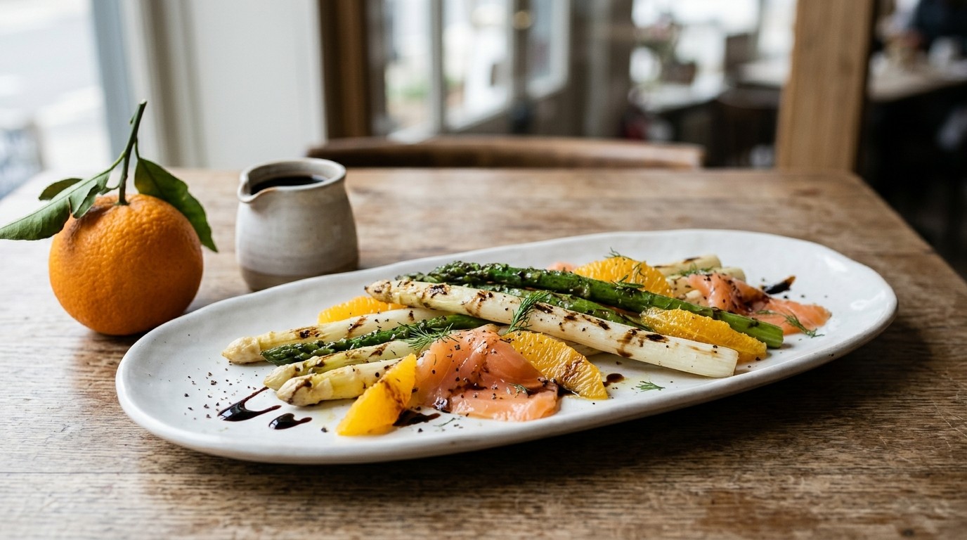 Gegrilde Asperges met Sinaasappel, Zalmcarpaccio en Balsamico