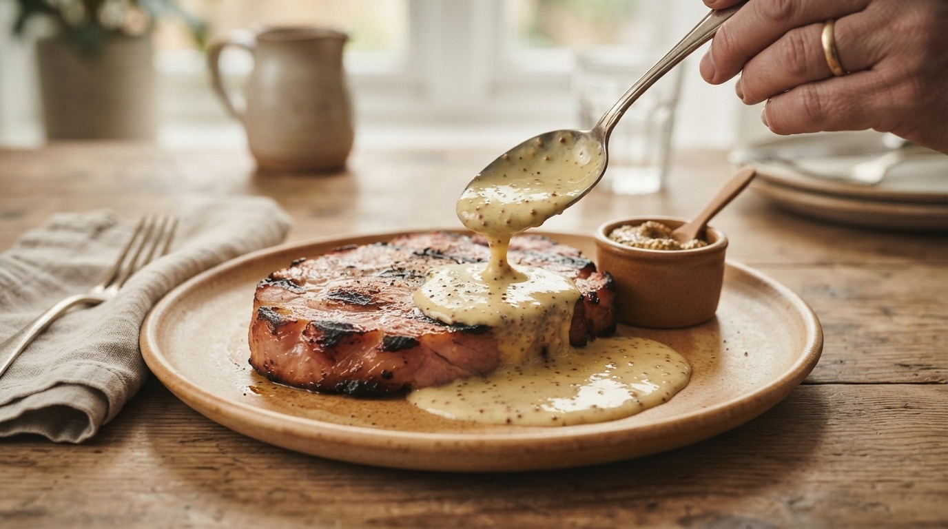 Gegrilde ham met Mosterdsaus