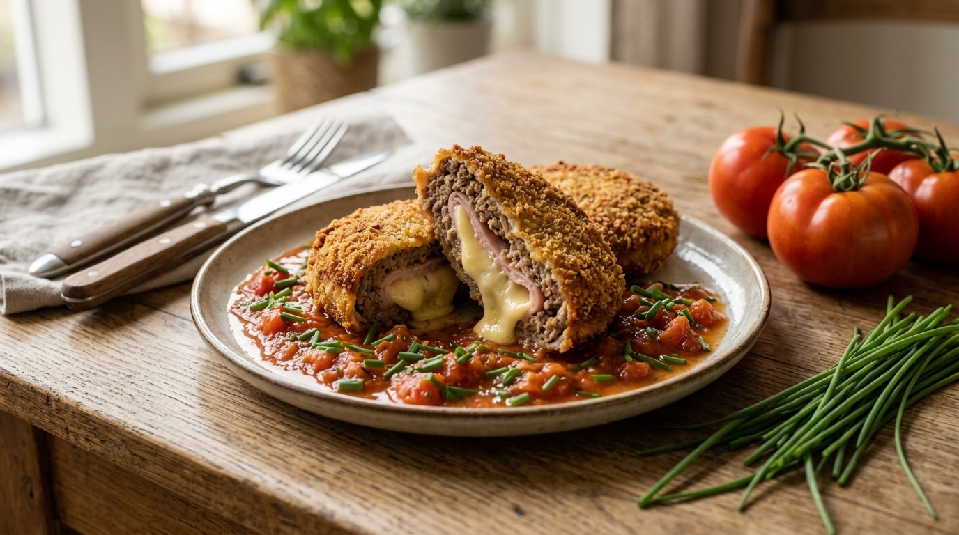 Gehakt-cordon Bleu met Tomaten-bieslooksaus