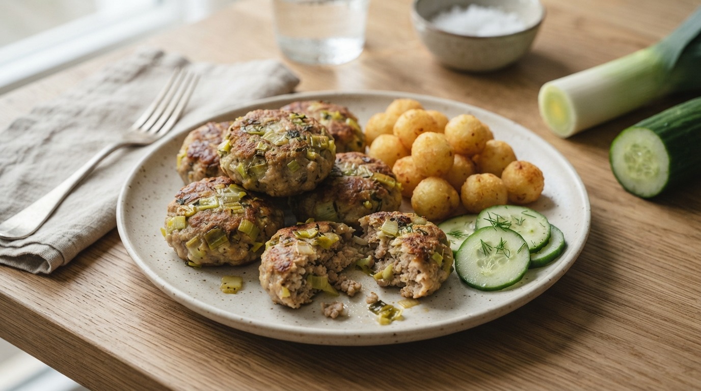 Gehakt-preikoekjes met Aardappelballetjes