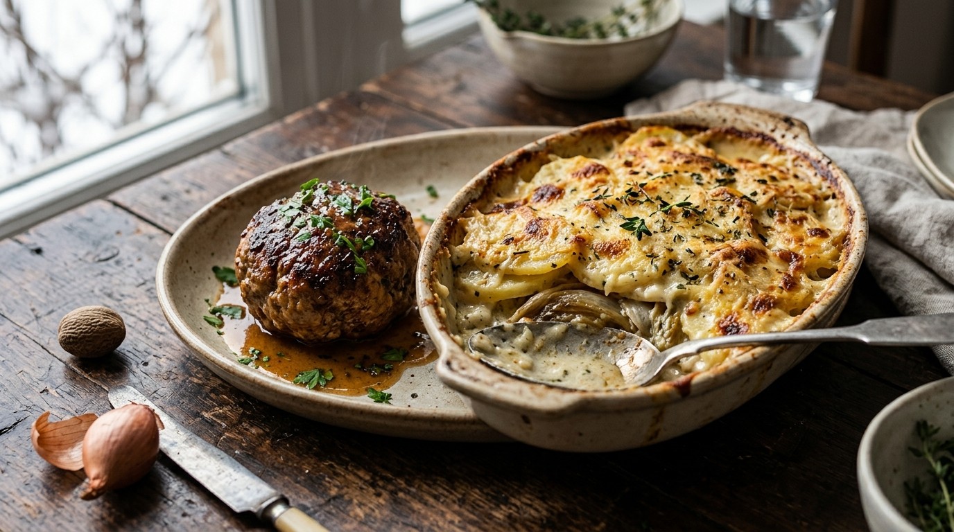 Gehaktbal met Gratin van Witlof en Aardappelen
