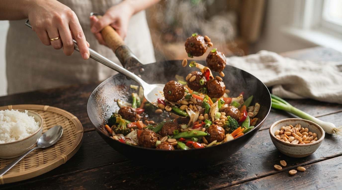 Gehaktballetjes met Pinda's en Wokgroenten recept Gehaktballetjes met Pinda's en Wokgroenten recept