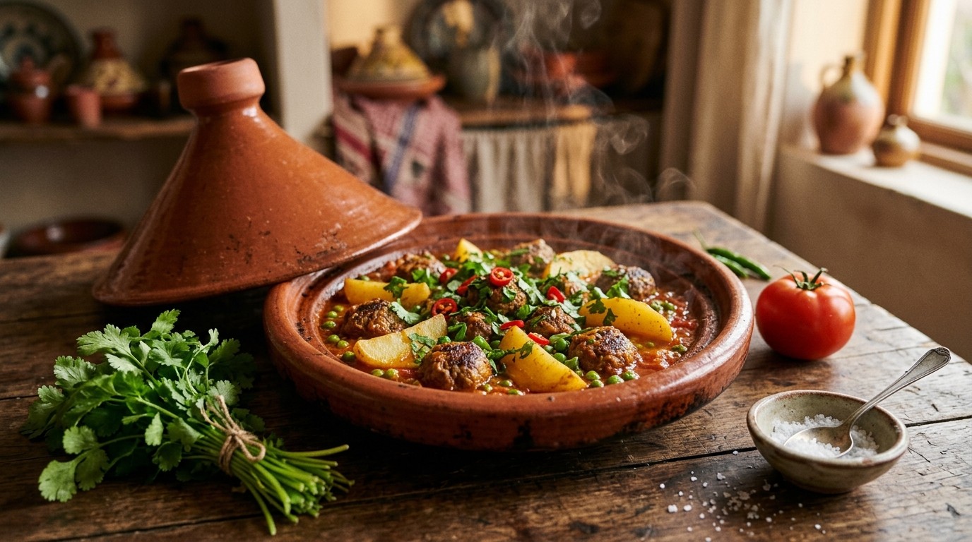 Gehaktballetjestajine met Aardappelen en Doperwten