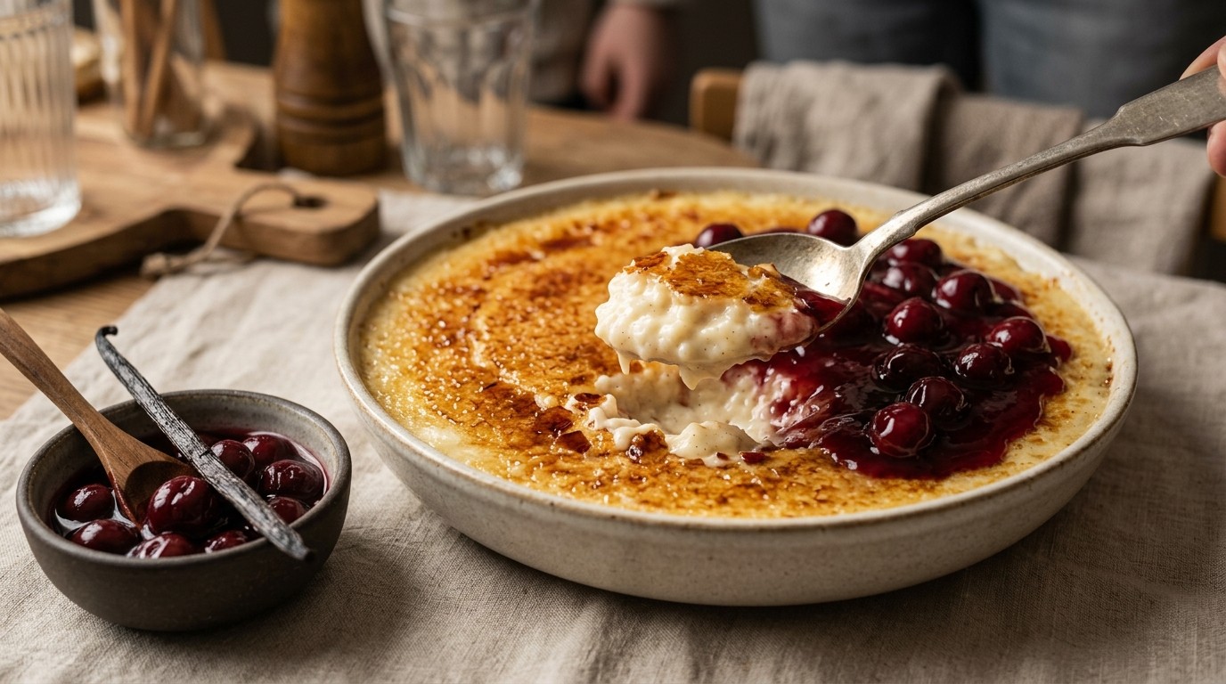 Gekaramelliseerde Rijstpudding met Kersensaus Voor Buffet