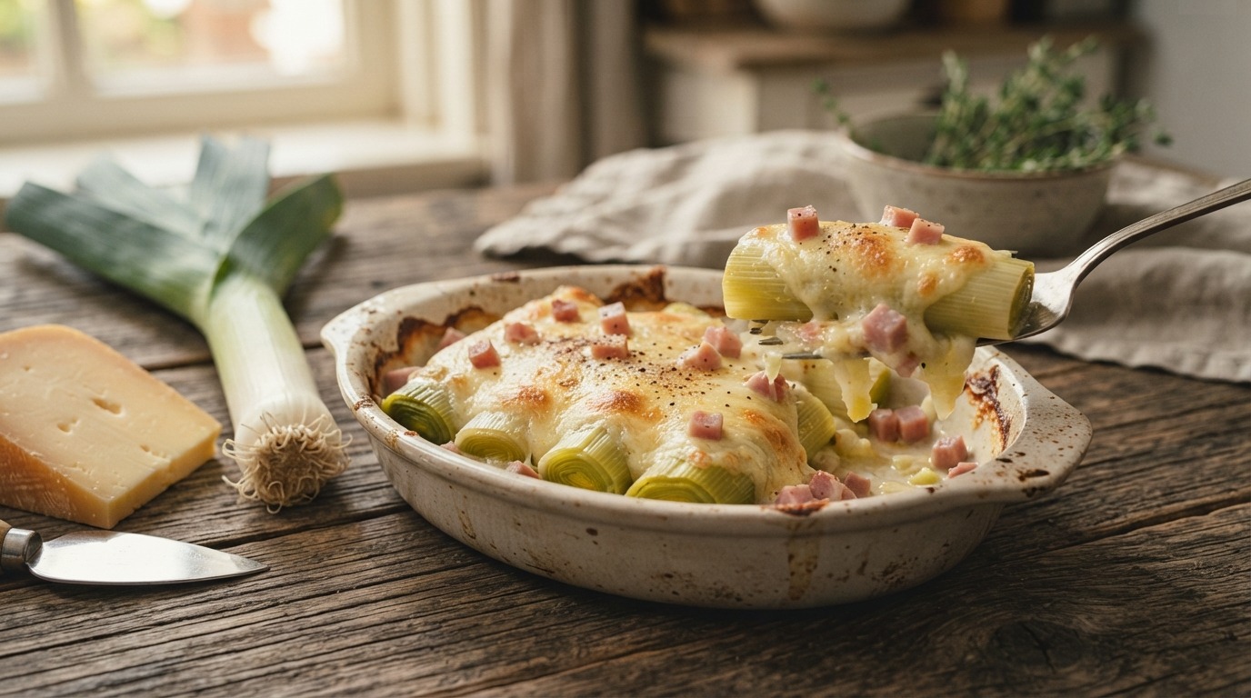 Gekookte Prei met ham Blokjes en Kaas recept Gekookte Prei met ham Blokjes en Kaas recept