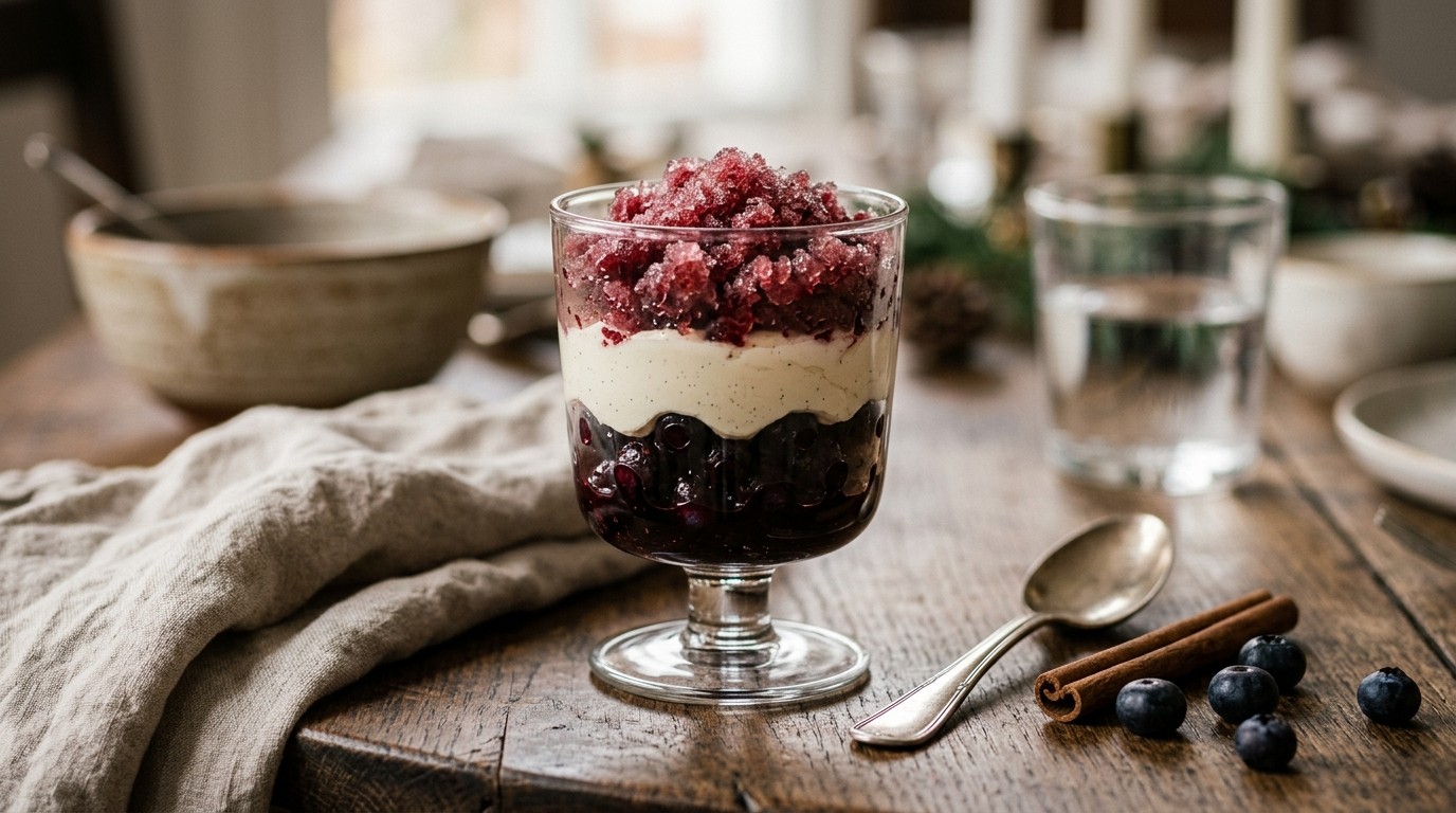 Gekruide Bosbessen met Vanillemascarpone en Granité van Glühwein