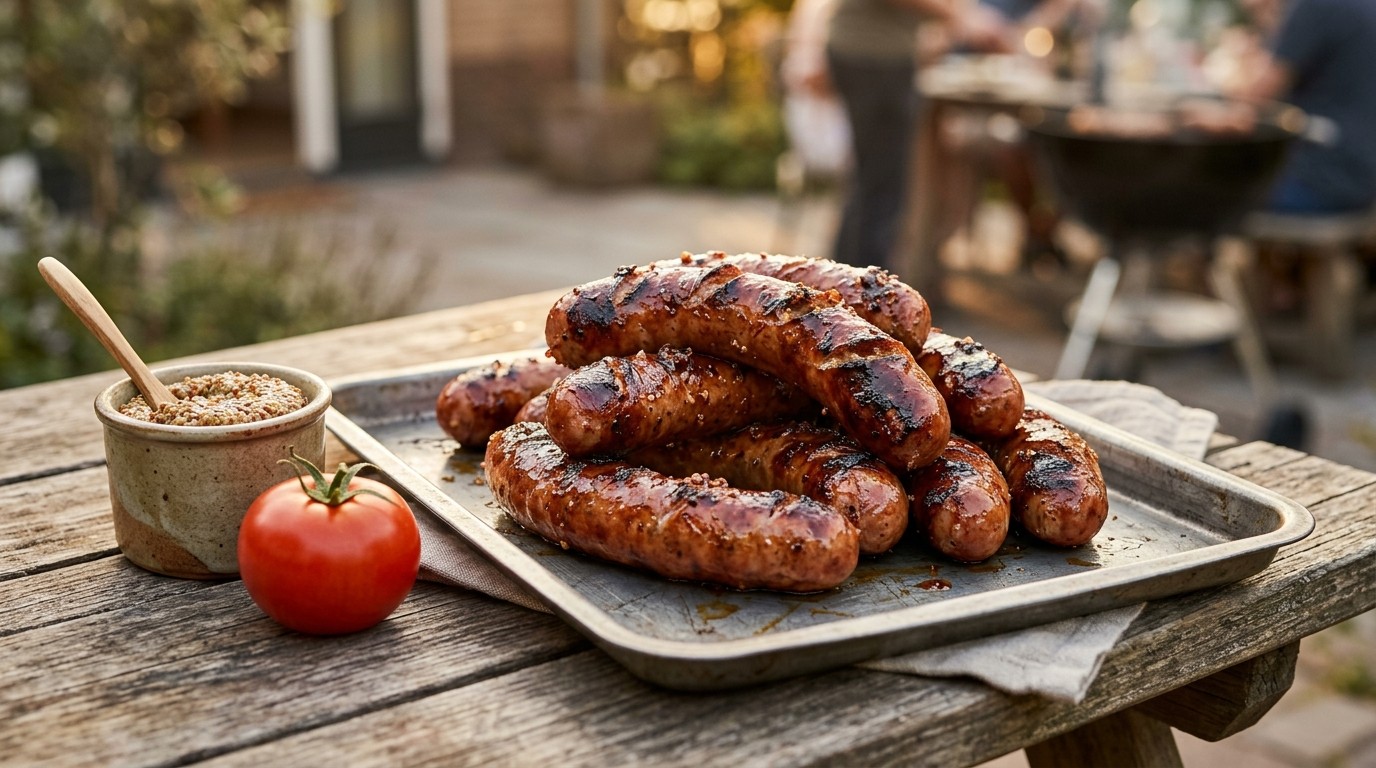 Gemarineerde Saucijsjes met Rietsuiker, Mosterd en Tomatensaus