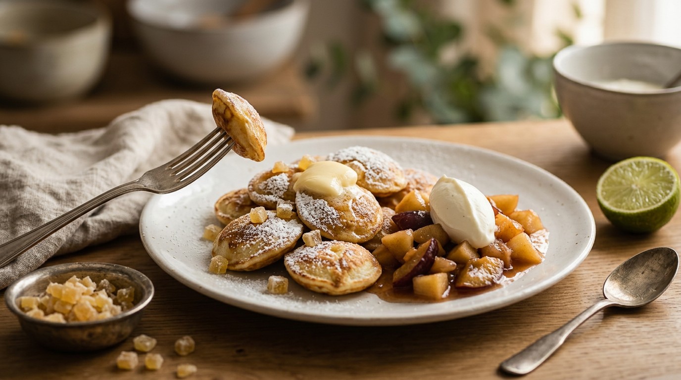Gemberpoffertjes met Gebakken Fruit recept Gemberpoffertjes met Gebakken Fruit recept