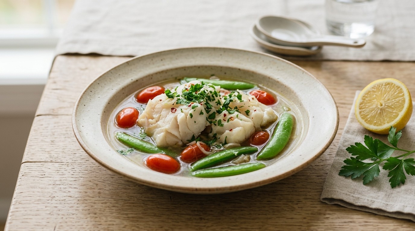 Gepocheerde Kabeljauw in Bouillon recept Gepocheerde Kabeljauw in Bouillon recept