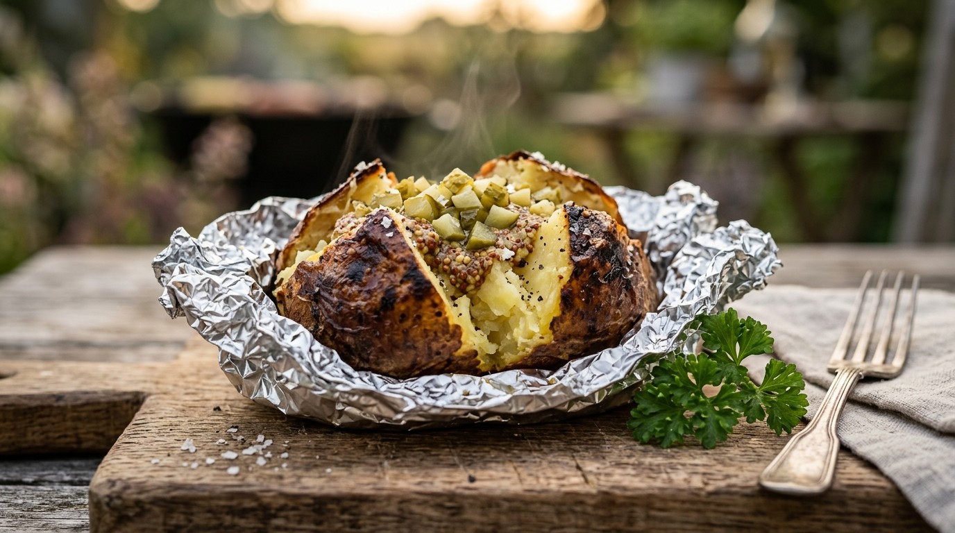 Gepofte Aardappelen met Stukjes Augurk en Mosterd