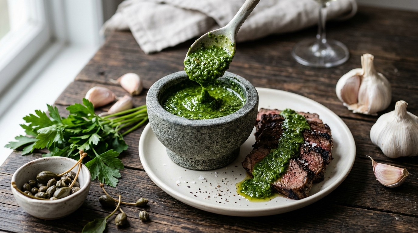 Gepureerde Groene Saus van Knoflook, Kappertjes en Peterselie recept Gepureerde Groene Saus van Knoflook, Kappertjes en Peterselie recept