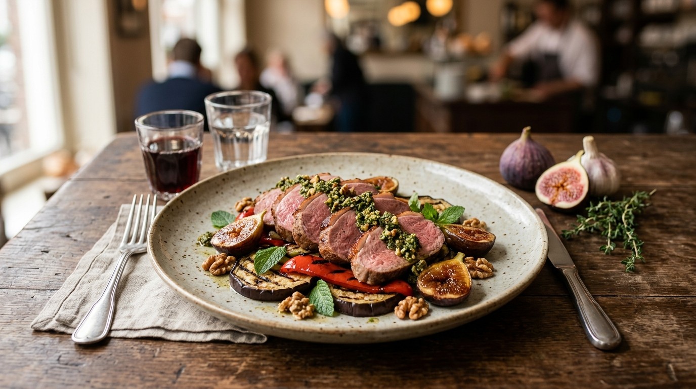 Gerookte Lamsfilet met Groente en Pesto
