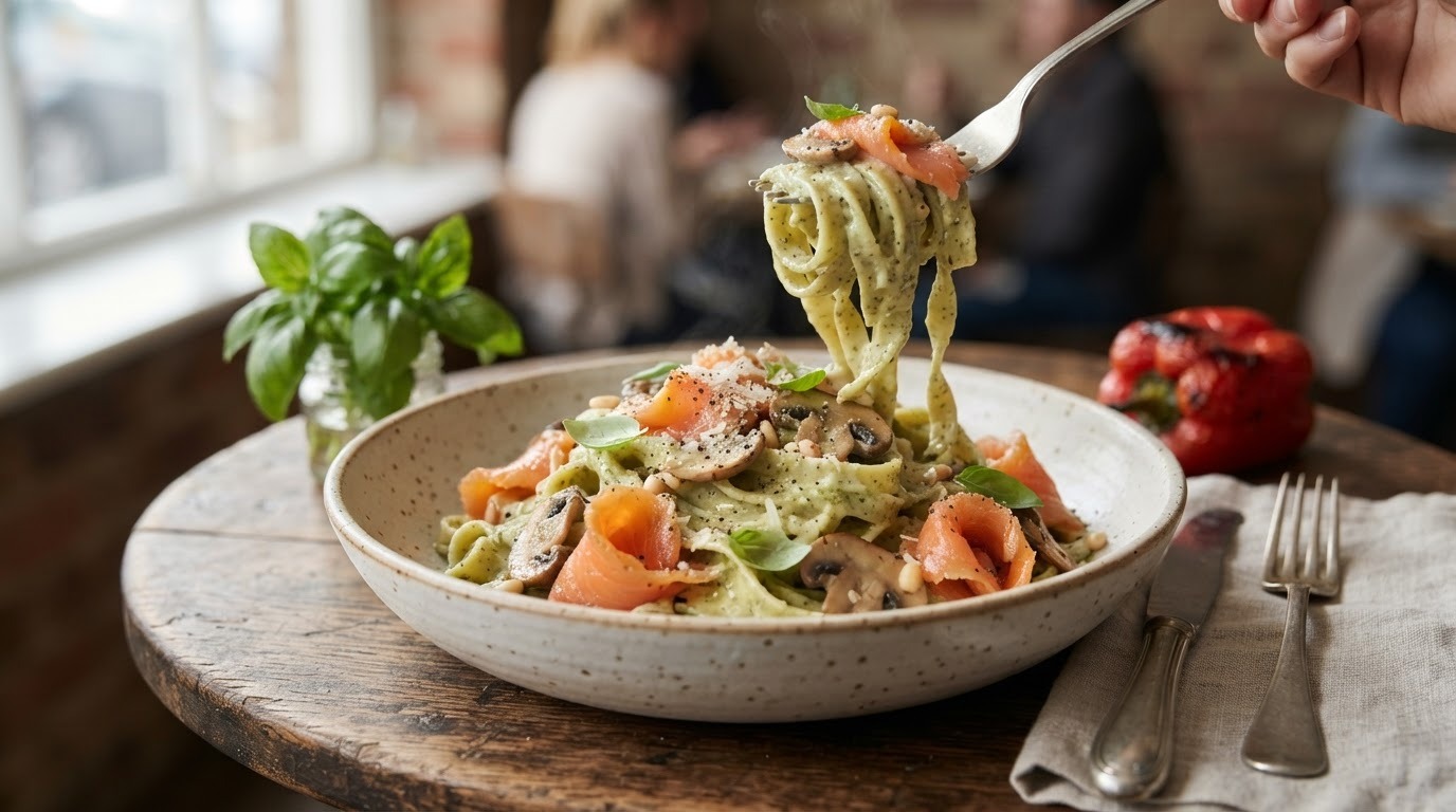 Gerookte Zalm met Tagliatelle in Pesto Roomsaus