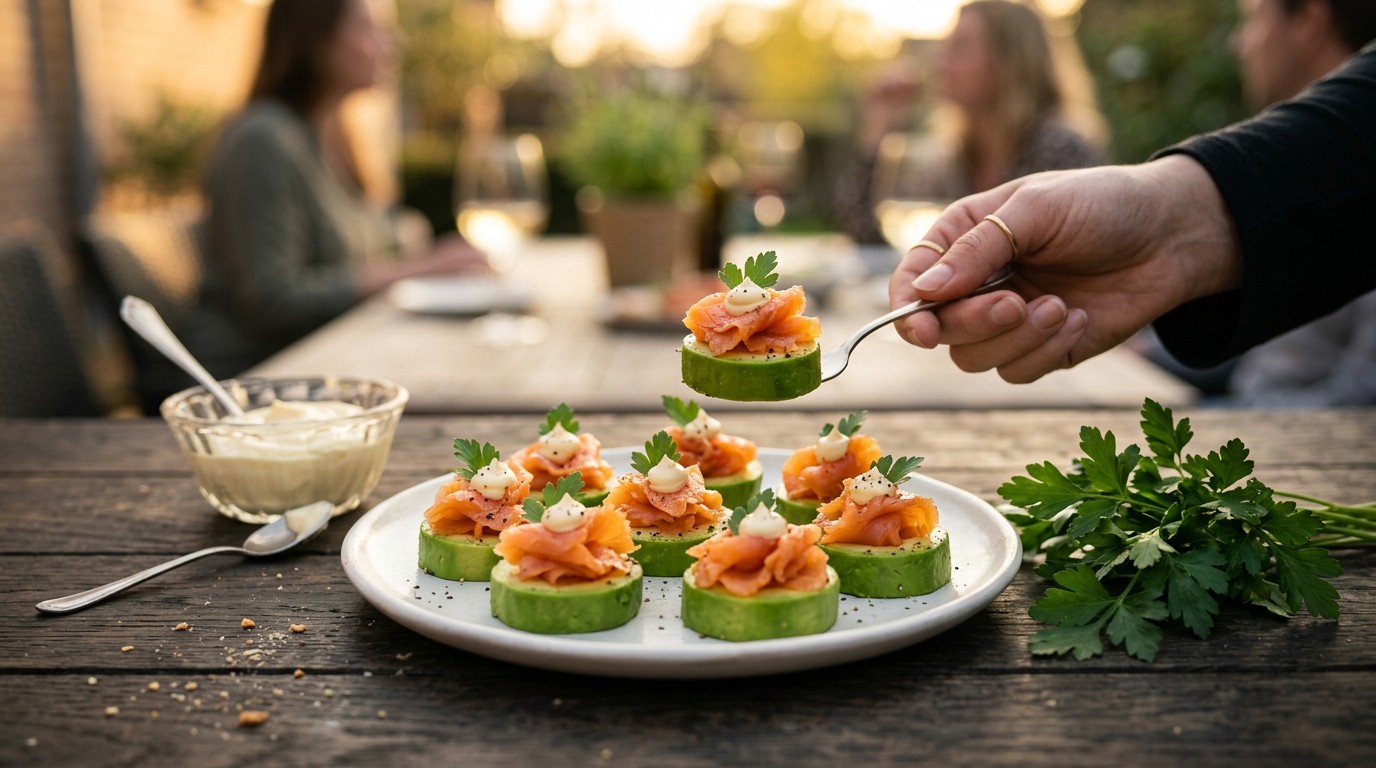 Gerookte Zalm op Avocadorondjes recept Gerookte Zalm op Avocadorondjes recept