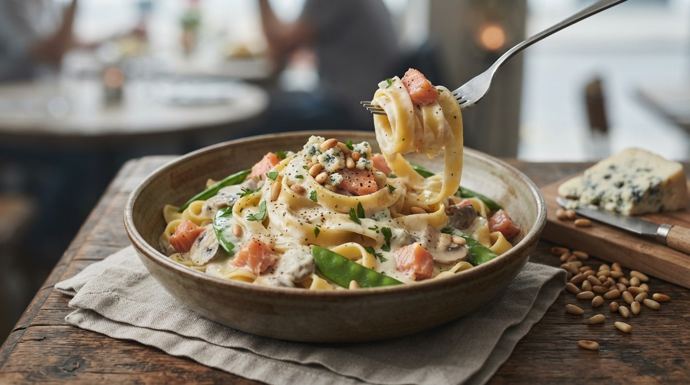 Gerookte Zalmsnippers met Tagliatelle in een Danish Blue Créme Saus