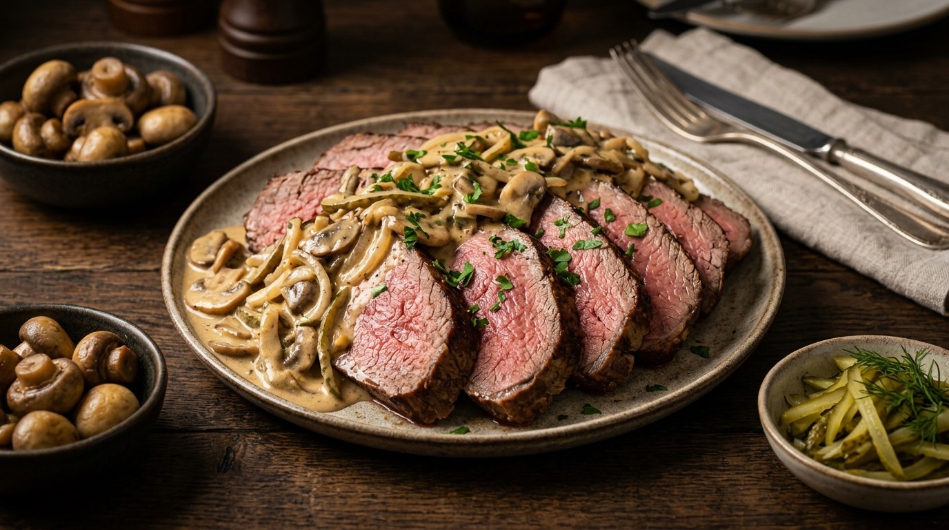 Gesmoorde Rosbief met Stroganoffsaus