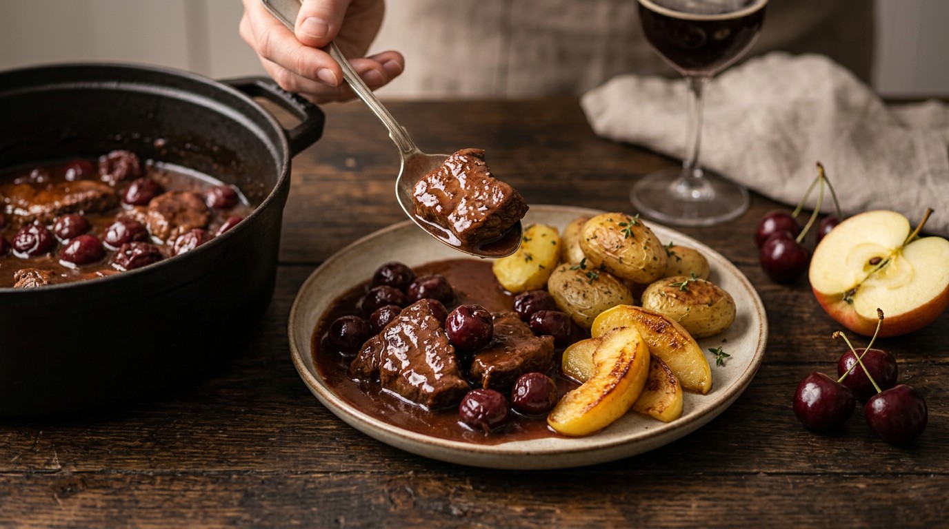Gestoofd Kalfsvlees in Kriekenbier met Gebakken Appel recept Gestoofd Kalfsvlees in Kriekenbier met Gebakken Appel recept