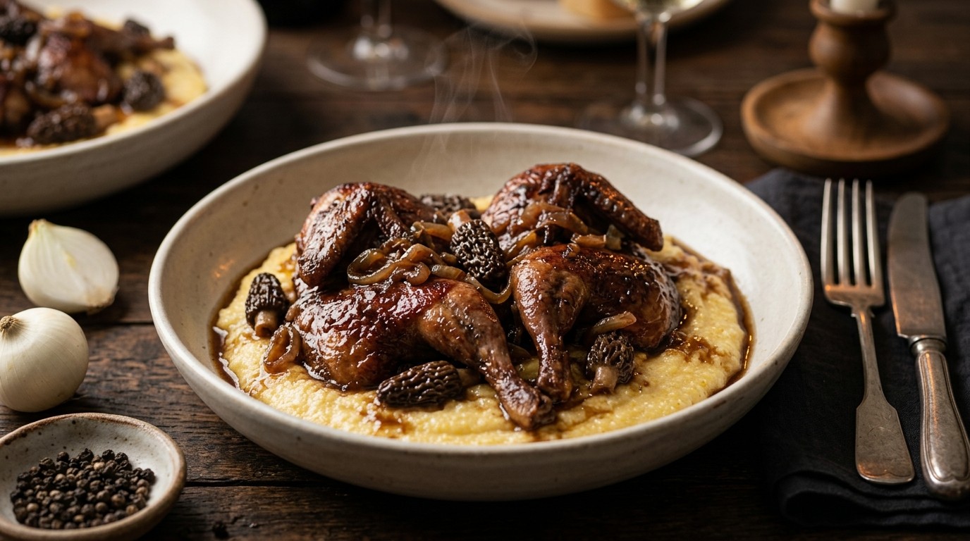 Gestoofde Duif met Morieltjes en Polenta